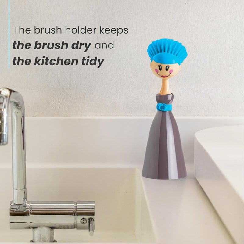 Vigar Dolls Dish Brush with Ergonomic Handle and Dress-Shaped Brush Holder, Dish Brush with Handle for Kitchen Dishes and Sink Cleaning, Gray, Blue - Image 5